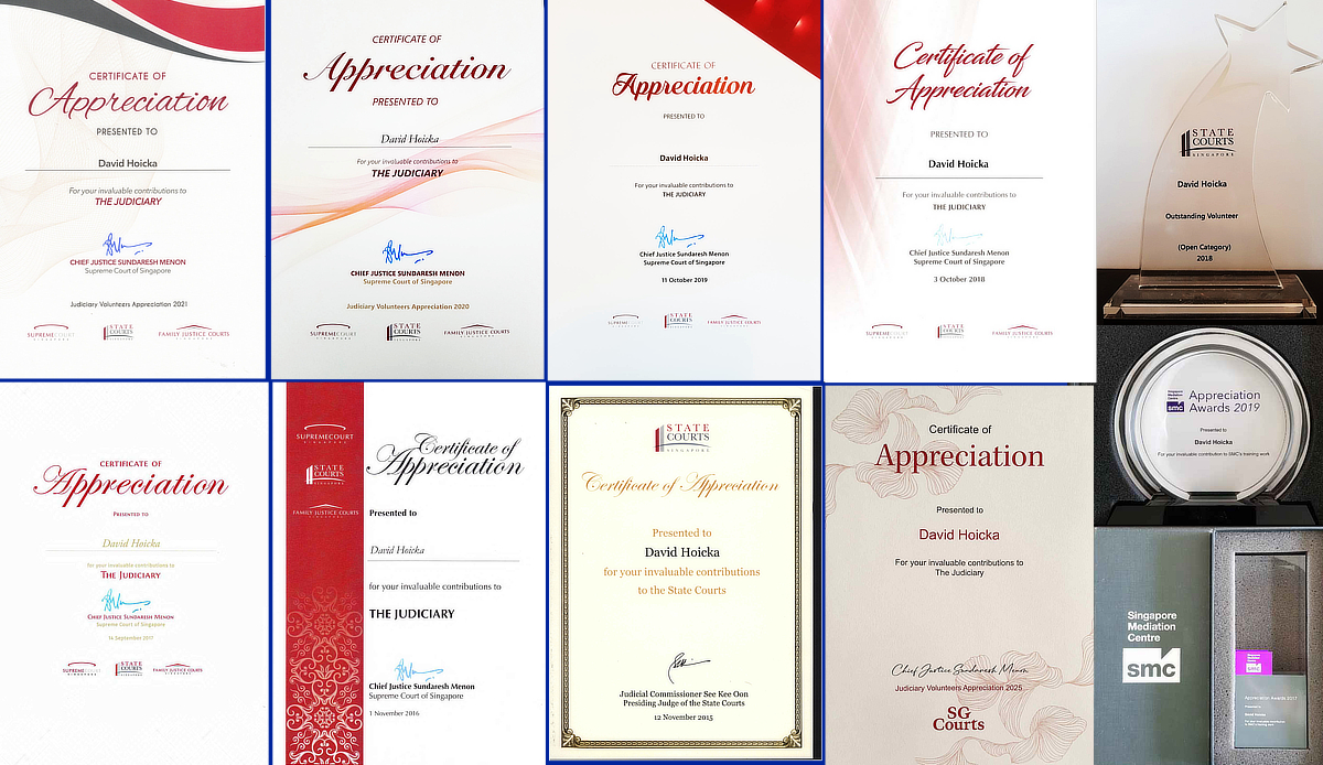 Collage of certificates and awards from the State Courts of Singapore recognizing David Hoicka's mediation service